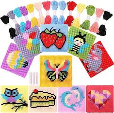 cross stitch kits with different designs on them