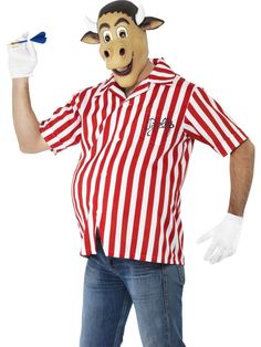 a man in a striped shirt and white gloves is wearing a goat mask with one hand on his hip