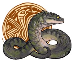 a drawing of a snake with an ornament in the background