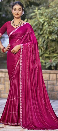 Pink and Majenta color Saree in Shimmer fabric with Fancy Work work Magenta Saree, Saree With Border, Reception Lehenga, Shimmer Fabric, Nikkah Dress, Floral Bridesmaid, Magenta Color, Indian Sarees Online, Anarkali Gown