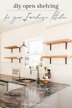 an open shelving for your kitchen with text overlay that reads diy open shelving for your furniture kitchen