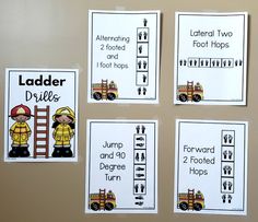 four firefighter themed posters on the wall with ladders and ladder rules in front of them