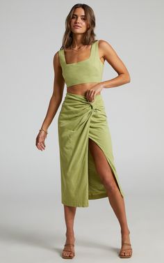 Gibson Two Piece Set - Crop Top and Knot Front Midi Skirt in Celery | Showpo USA Skirt Set Outfit, Midi Skirt Set, Skirt And Top Set, Casual Day Dresses, Top Skirt Set, Crop Top Skirt, Bodycon Maxi Dresses, Outfits Verano, Set Outfit