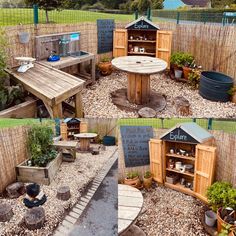 an outdoor kitchen made out of wooden pallets in the middle of a garden area