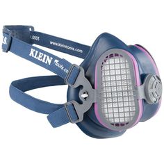 a blue and pink gas mask with mesh on the side, attached to a lanyard strap