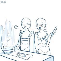 two people standing in front of a table with a knife and some food on it