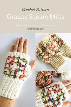 crochet pattern granny square mitts with flowers on the front and side, shown in