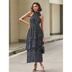 Season:Summer; Fabric:Chiffon; Sleeve Length:Sleeveless; Gender:Women's; Style:Elegant; Occasion:Date,Vacation,Party; Fit Type:Loose Fit; Dresses Type:A Line Dress; Pattern:Polka Dot; Design:Tiered; Neckline:Halter Neck; Brand:Ador; Front page:FF; Listing Date:04/10/2024; Bust:null; Length:null; Waist:null; Special selected products:Clearance; Fit US Size:null; Fit UK Size:null; Fit EU Size:null; Dress Length Type:Maxi Dress; Print Type:Print Fitted Sleeveless Chiffon Summer Dress, Summer Polka Dot Chiffon Dress, Polka Dot Chiffon Dress For Summer, Summer Tiered Chiffon Dress, Black Sleeveless Chiffon Dress, Elegant Polka Dot Maxi Dress For Summer, Summer Sleeveless Chiffon Dress For Garden Party, Sleeveless Polka Dot Maxi Dress For Party, Polka Dot Sleeveless Maxi Dress For Party