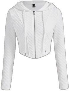 White Long Sleeve Hooded Jacket For Fall, Fitted Long Sleeve Hoodie With Drawstring Hood, Fitted Fall Hoodie With Drawstring, Fitted Hooded Jacket With Drawstring, Fitted White Hoodie For Spring, Spring Stretch Hoodie With Zipper Closure, Fitted Cotton Hooded Jacket For Spring, Fitted White Hoodie For Fall, Fitted Long Sleeve Hoodie For Fall