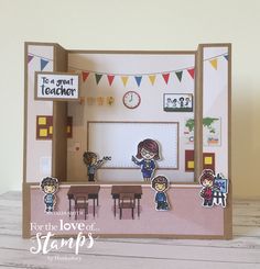 a handmade card with an image of two children playing in a classroom and the words, for the love of stamps