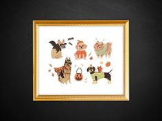 a framed painting with dogs dressed up in costumes and pumpkins on it's side