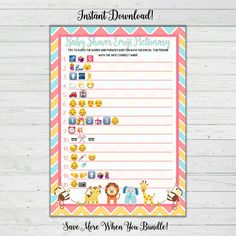 a baby shower game with animals and giraffes on the front, in pastel colors