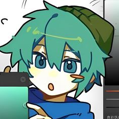 an anime character with blue hair and green eyes holding up a tablet computer in front of him