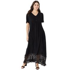 Embrace effortless style and comfort with Roaman's Women's Plus Size Lace-Panelled Crinkle Boho Dress. This enchanting black dress combines feminine charm and a relaxed boho vibe, perfect for any occasion.

- Size: 34/36
- Color: Black
- Material: Signature Crinkle fabric
- Gender: Female
- Features: V-neckline, button placket with pleated bust, princess seams with lace inserts, side pockets

Crafted from lightweight, breathable, and slightly textured Crinkle fabric, this dress ensures you stay Casual Maxi Dress With Lace Patchwork, Flowy Empire Waist Dress With Lace Trim, Flowy Midi Dress With Lace Patchwork, Flowy Long Dress With Lace Trim, Flowy Short Sleeve Maxi Dress With Lace Trim, Black Lace Patchwork Dress For Daywear, Summer Dresses With Contrast Lace And Short Sleeves, Flowy Maxi Dress With Lace Trim And Short Sleeves, Short Sleeve Lace Maxi Dress With Patchwork