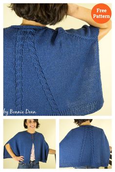 a woman wearing a blue knitted shawl with the text, free pattern and instructions to