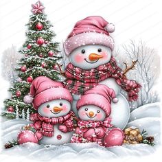 three snowmen are standing next to a christmas tree in the snow with pink hats and scarves