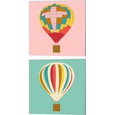 two colorful hot air balloons on pink, blue and green canvases with the same color scheme