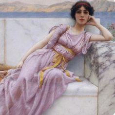 a painting of a woman in a pink dress sitting on a stone bench next to a body of water