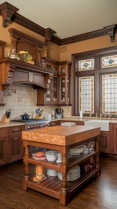 a kitchen with wooden cabinets and an island