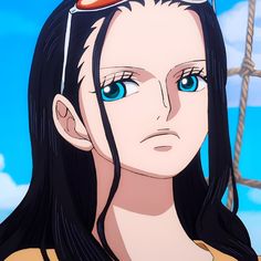 an anime character with blue eyes and long black hair