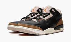 The Air Jordan 3 “Desert Elephant” remixes an original colorway of the heralded basketball sneaker.  An April 2022 release by Jordan Brand, the “Desert Elephant” nods to the Jordan 3’s original, iconic “Black Cement” colorway, as it features the same color block as the original version with a few modifications.  The “Desert Elephant” is complete with a black tumbled leather upper, red lower eyelets, elephant print, and black laces, just like the “Black Cement. ” However, the “Desert Cement” repl Desert Elephant Jordan 3, Jordan 3 Elephant, Retro Desert, Nike Air Jordan 3, Basketball Shoes For Men, Retro Basketball Shoes, Jordan 3 Retro, Black Cement, Lucky Green