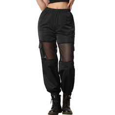 Designed for women who want to enjoy comfort and style at the same time. A must-have option for the new season. Add some new styles to your wardrobe with these versatile and unique pants that combine fashion and function. The sheer mesh panels add an edgy and sporty feel to the pants, making them stand out from traditional cargo pants. Get stylish to wear them with your trendy sports shoes or Martin boots for a chic look. Unique Pants, Cargo Pants Black, Baggy Cargo Pants, Martin Boots, Mesh Panel, Bottom Clothes, Pants Black, Black Media, Sports Shoes