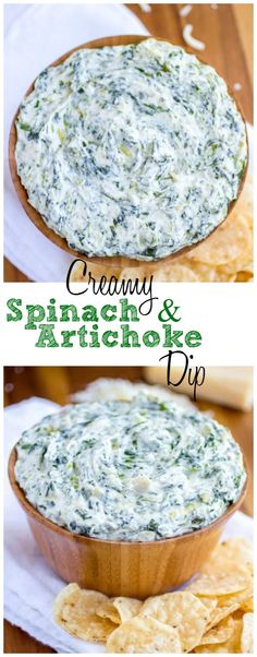 spinach and artichoke dip in a wooden bowl with tortilla chips