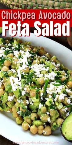 chickpea avocado feta salad on a white plate