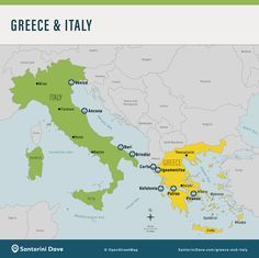 a map showing the location of greece and italy in different languages, with green areas