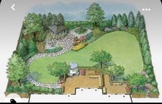 this is an artist's rendering of a landscaped backyard with stone steps and seating areas