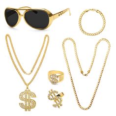 PRICES MAY VARY. 【Luxury Rap DIY Matching】This set of rapper accessories includes a carefully crafted dollar chain and gold chain, both are interchangeable to suit your style, and also be used as replacement chains. It also comes with two dollar rings, a rapper chain and a pair of stylish sunglasses, perfectly expressing your inner rap soul. 【Adjustable Size】Two types of rapper accessories dollar rings, one is fixed size, the other is open design to adjust the size to fit the circumference of your finger; two fake gold chains are designed with C-shaped links and can be easily adjusted the length, so you don't worry about the chain length being too long or short. It can perfectly adapt to any size you want, providing maximum comfort. 【Fashionable glasses】The large frame design can well modi Dollar Chain, Rapper Costume, Hip Hop Accessories, Fashionable Glasses, Chain Rings, 90s Outfit, Outfit For Men, Skin Allergies, Stylish Sunglasses