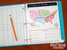 an open notebook with a map and pencil on it, reading regions of the u s a