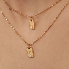 Willow Tag Initial Necklace - Gold Vermeil-6 Personalized Yellow Gold Charm Necklaces With Square Pendant, Personalized Square Pendant Charm Necklaces In Yellow Gold, Anniversary Charm Necklace With Rectangular Pendant, Everyday Gold Nameplate Charm Necklaces, Everyday Gold Nameplate Charm Necklace, Personalized Gold Dog Tag Charm Necklace, Gold Dog Tag Necklace With Initials, Personalized Gold Dog Tag Jewelry, Personalized Yellow Gold Necklace For Best Friend