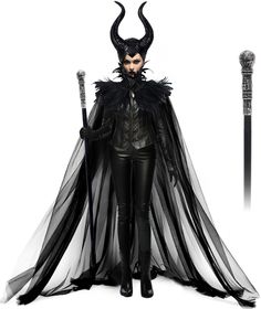 a woman dressed in black with horns and wings