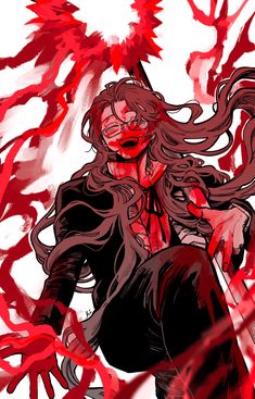 a drawing of a woman with long hair and red paint on her face, holding a knife