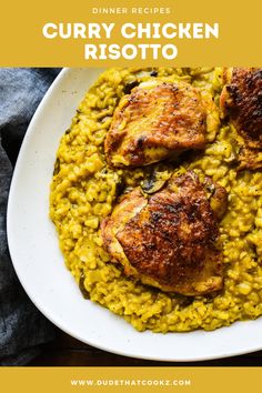 a white plate topped with chicken and risotto