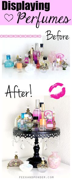 Perfume display - before and after Diy Makeup Organizer, Organization Hacks Bedroom, Makeup Organization Diy, Perfume Display, Decorative Stand, Modern Bathrooms, Diy Vanity, Organization Storage, Glam Room