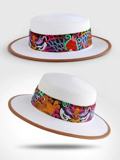 Straw Hat Retro Ethnic Style Embroidery Flower Beach Hat Spring and Summer Basin Hat White Straw Visor Hat For Vacation, Multicolor Hat Bands For Beach In Spring, Adjustable Multicolor Panama Hat For Spring, Embroidered Straw Hat For Beach With Short Brim, Bohemian Visor Straw Hat For Vacation, Bohemian Sun Hat Visor For Summer, Bohemian Sun Visor Hat For Summer, Bohemian Visor Sun Hat For Summer, Bohemian Summer Sun Hat Visor