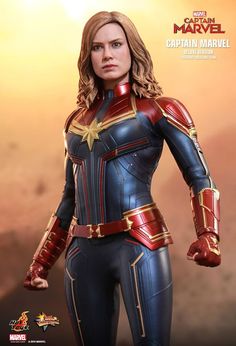 the captain marvel action figure is shown in front of a red and yellow background with an advertisement