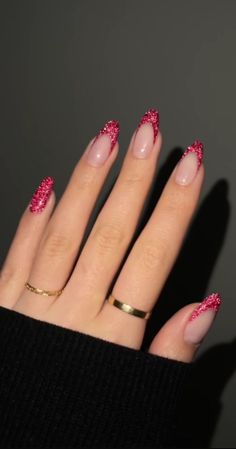 Red Sparkle Nails, Red Sparkly Nails, Pink Sparkle Nails, Red Tip Nails, Glitter French Nails, Almond Nails French, Prom Nails Red, Red Nails Glitter, Red Acrylic Nails