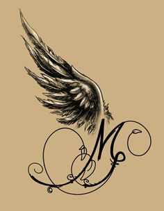 the letter m with wings and swirls is shown in black ink on a beige background