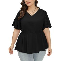 Material: This babydoll top is crafted from high-quality, non-see-through fabric, ensuring both comfort and modesty. This plus loose fit top's premium material offers durability and breathability, making it perfect for all-day wear. Stylish Design: With its lace panel bell sleeves, flattering V-neckline, and cinched waist with a peplum flared hem, this plus-size top boasts a stylish and elegant design that accentuates curves and adds a touch of sophistication to any ensemble. Occasion: Perfect for a range of occasions, from casual outings to more formal events. Whether you're heading to brunch with friends or a dinner date, this versatile plus size tunic top effortlessly transitions from day to night. Easy Match: Pair this casual curvey blouse effortlessly with your favorite jeans or trous Chiffon Tunic Top, Womens Peplum Tops, Casual Blouses, Chiffon Tunic, Peplum Tops, Plus Size Lace, Tops Plus Size, Summer Lace, Lace Short