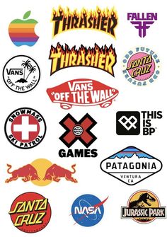 many different logos and stickers on a white background with the words thrasher, vans off the wall