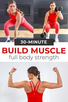 a woman in red shirt and leggings doing squat exercises with dumbbell muscles