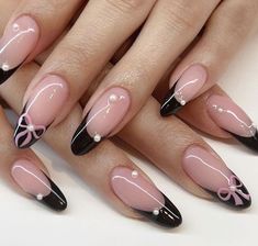 Classy Vintage Nails, Pink And Black Nail Designs, Unghie Sfumate, Kutek Disney, Summery Nails, Pearl Nails, Soft Nails, Oval Nails, Prom Nails