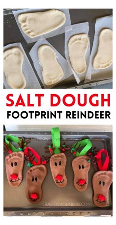 homemade salt dough footprint reindeer ornaments with text overlay that reads salt dough footprints reindeer