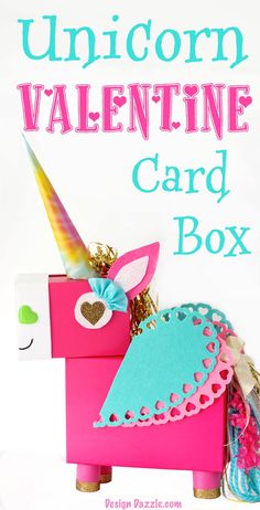 the unicorn valentine card box is pink and blue