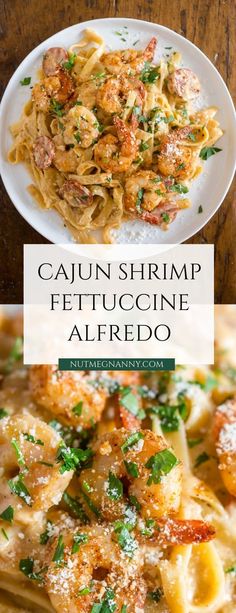 two plates of pasta with shrimp, fettuccine and parmesan cheese