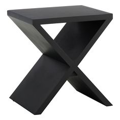 a black modern side table with an x design on the top and bottom, made out of wood