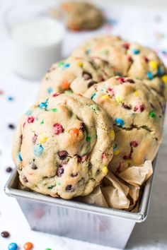 chocolate chip cookies with sprinkles in a tin